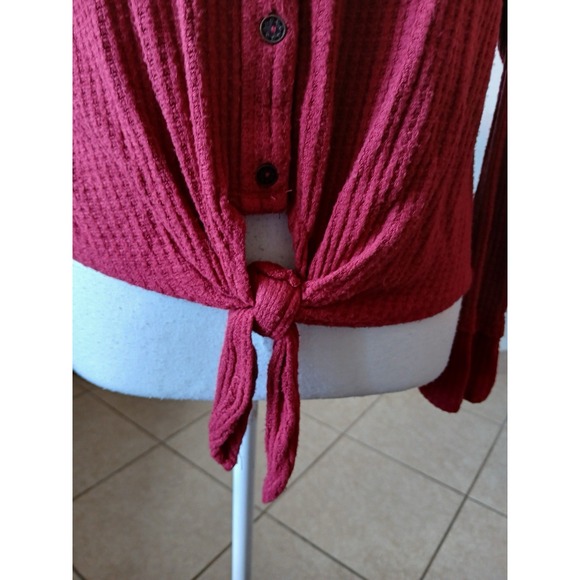 KNOX ROSE Waffle Knit Dropped Shoulder Blouse Top Small Front Knot Lace Back - Picture 9 of 16